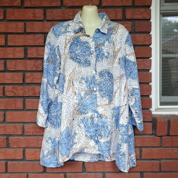Habitat 100% Linen Top Sz M White Blue Floral Button Up Lagenlook Coastal Beachy - Picture 1 of 10
